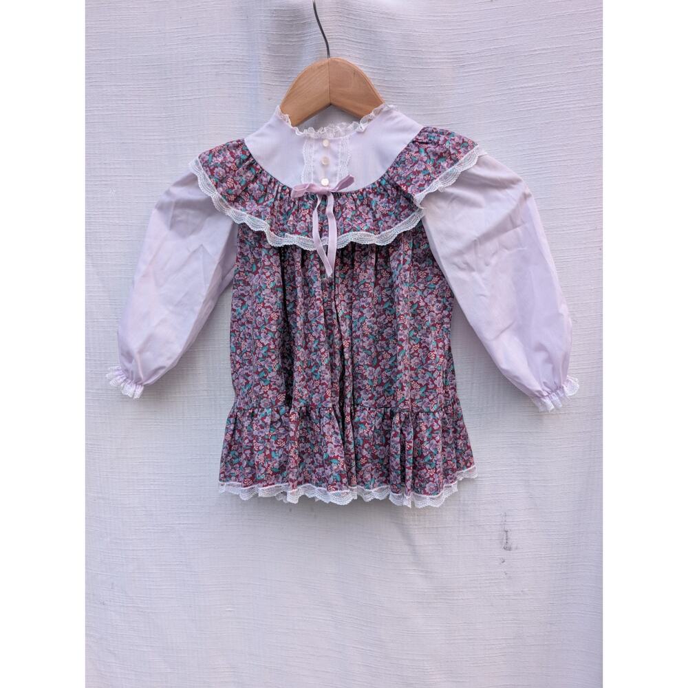 Rare Vintage Bryan Lace Ruffle Floral Dress Toddler 3t lavender bergundy cottage